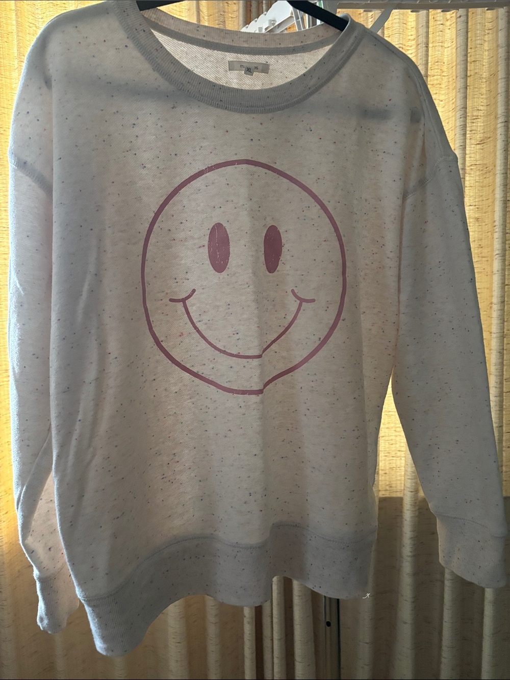 Maurices Cream Speckled Crewneck Sweatshirt with Pink Smiley